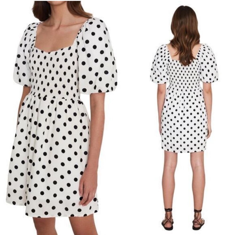 Faithfull the Brand Ilaria White and Black Polka Dot Puff Sleeve Mini Dress